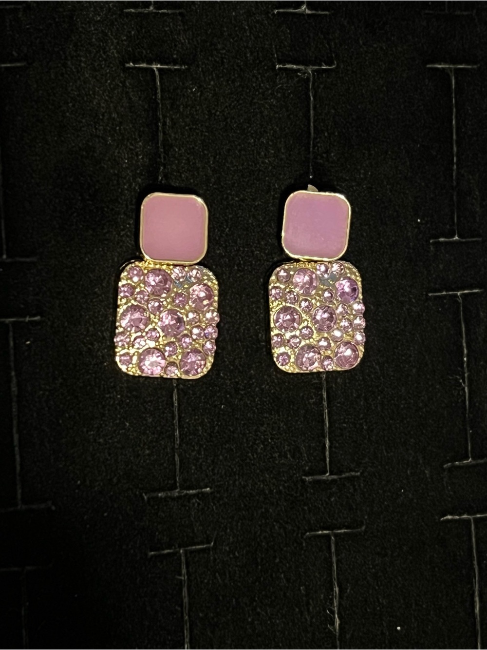 Pink CZ Square Drop Earrings - Gold toned